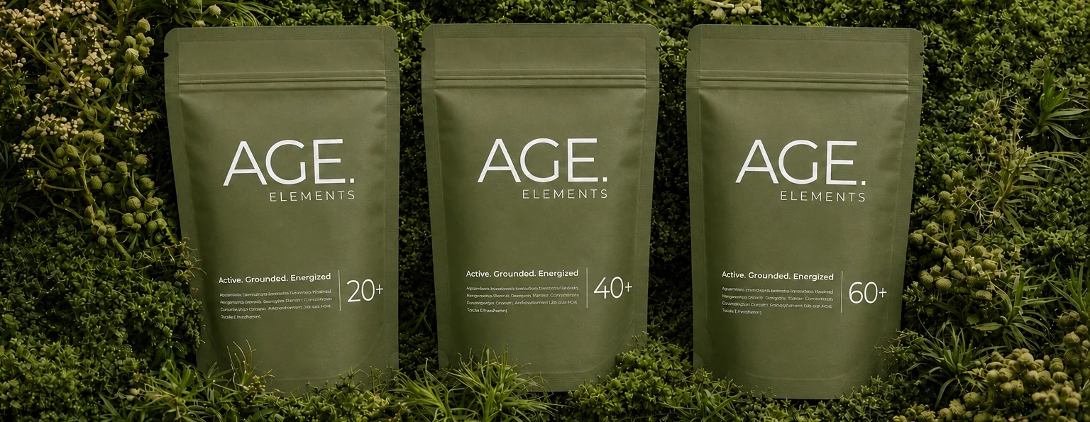 A.G.E. Elements Beutel 20+, 40+ und 60+ im Grünen